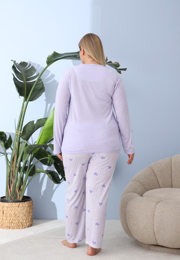 Pijama Dama ,Big Size ,''Keep Thing " cu Pantloni si Maneca lunga, Culoare Lila,Engros